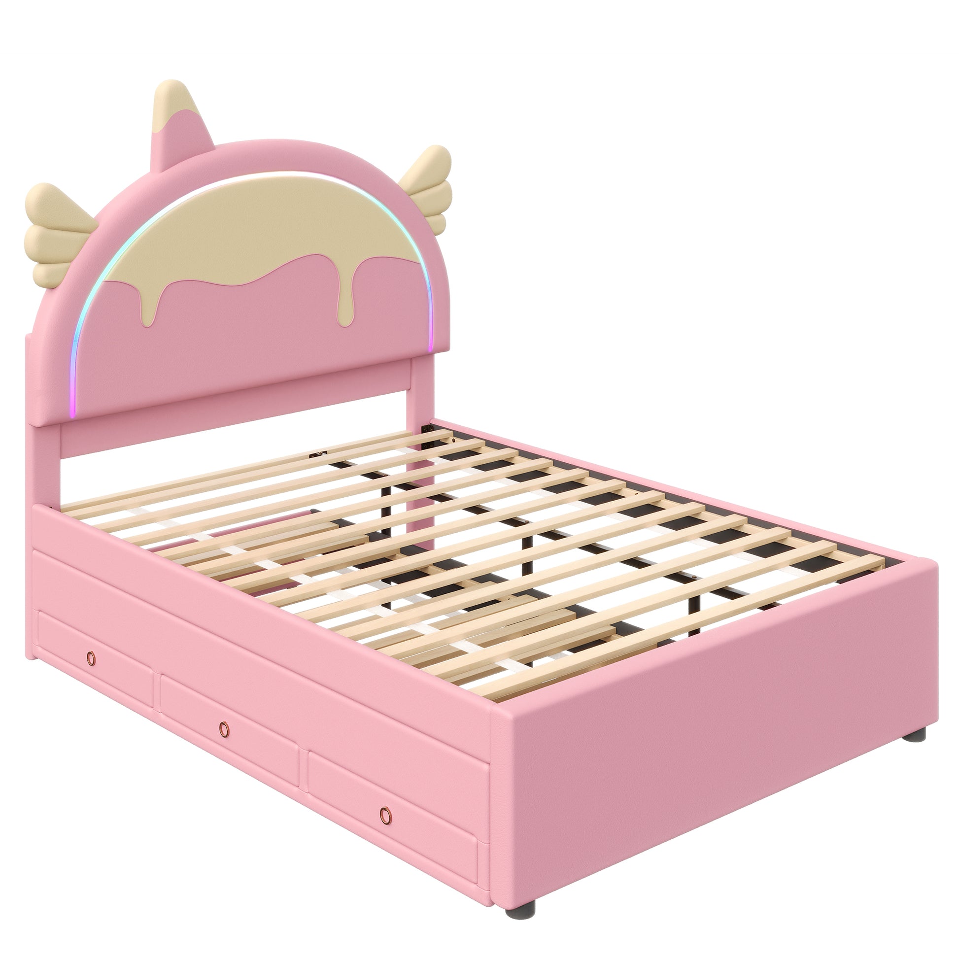 140*200cm Cartoon Kinderbett, Einhornform, ausgestattet mit ausziehbares rollbett, PU-Material, Ferngesteuerte LED-Ambientebeleuchtung, Rosa