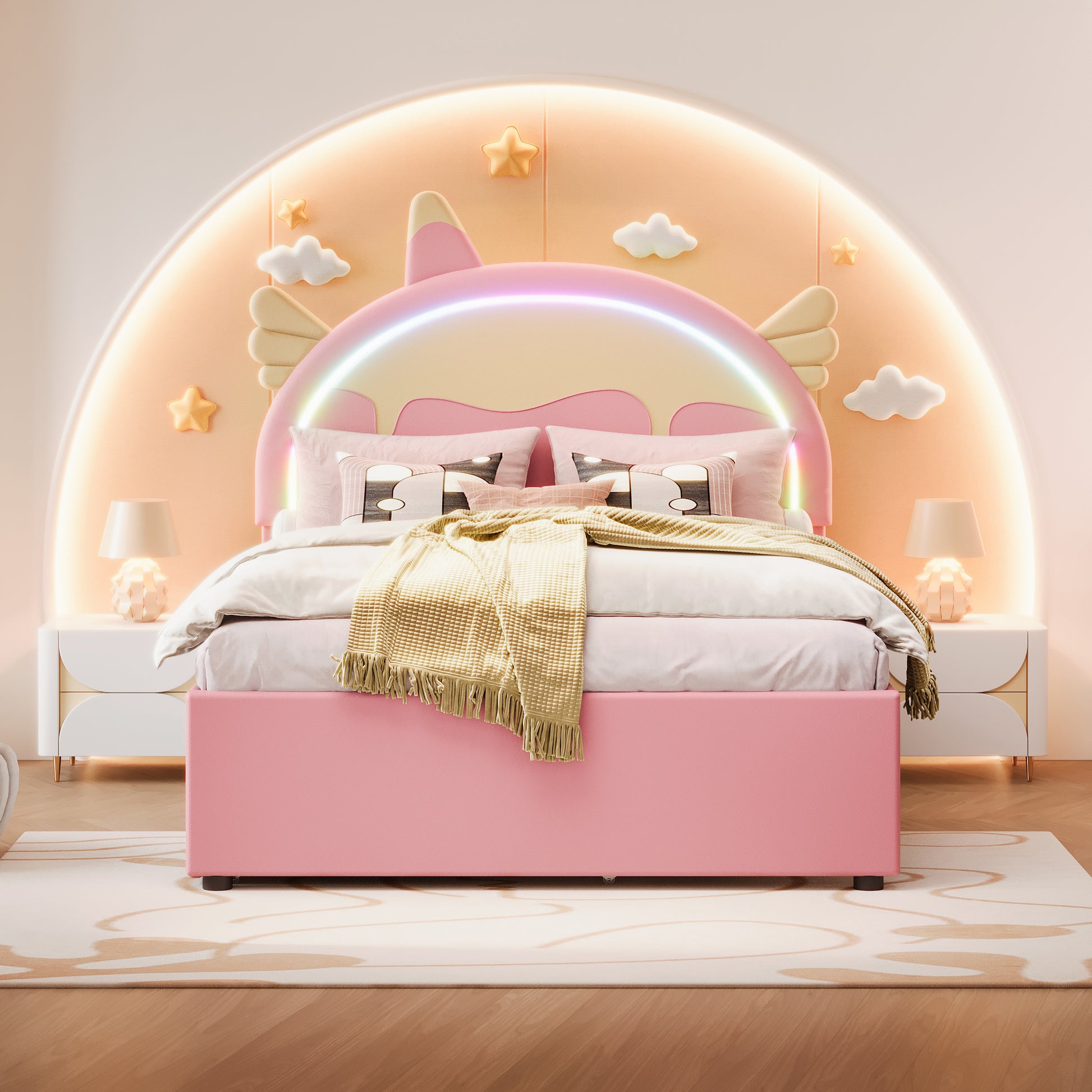140*200cm Cartoon Kinderbett, Einhornform, ausgestattet mit ausziehbares rollbett, PU-Material, Ferngesteuerte LED-Ambientebeleuchtung, Rosa