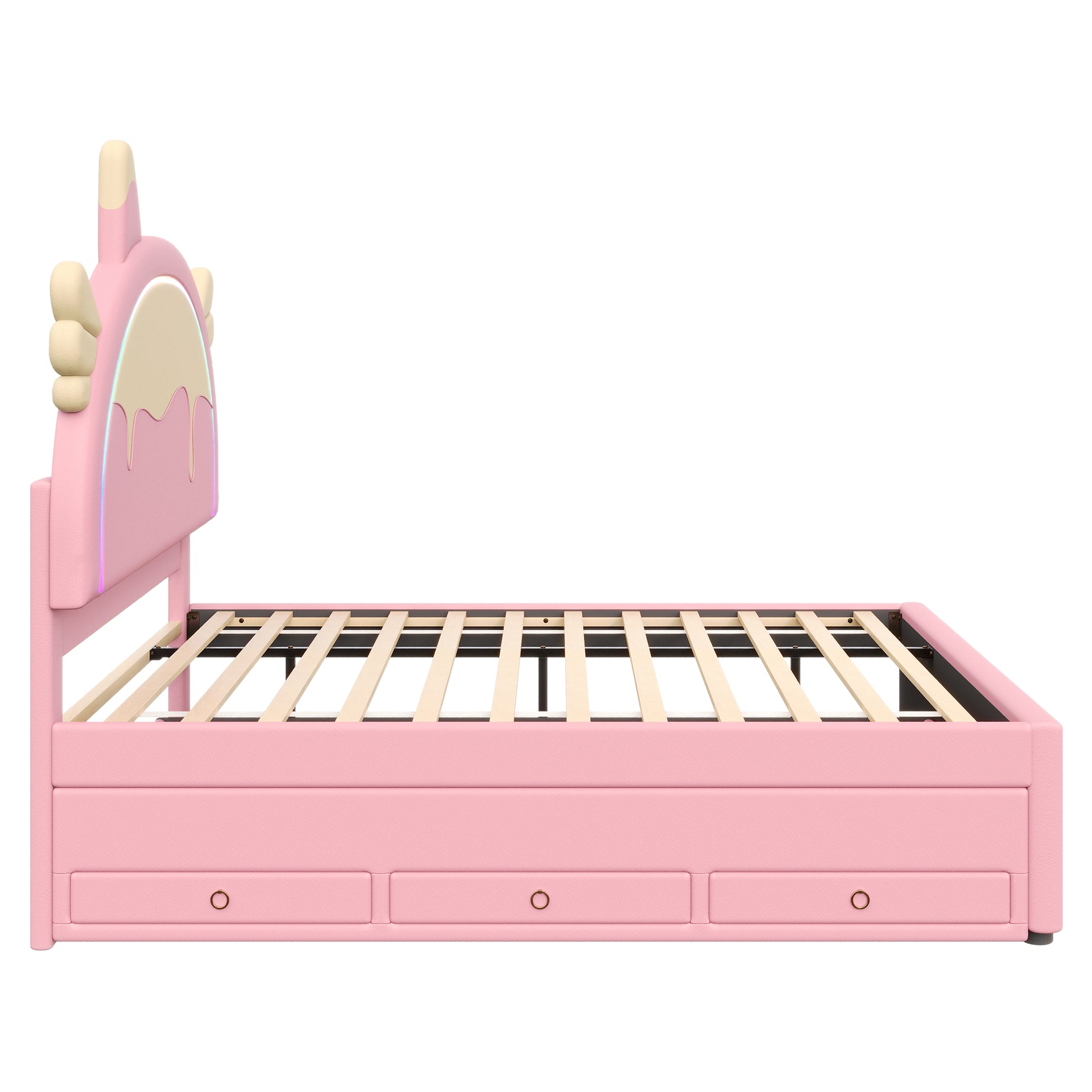 140*200cm Cartoon Kinderbett, Einhornform, ausgestattet mit ausziehbares rollbett, PU-Material, Ferngesteuerte LED-Ambientebeleuchtung, Rosa