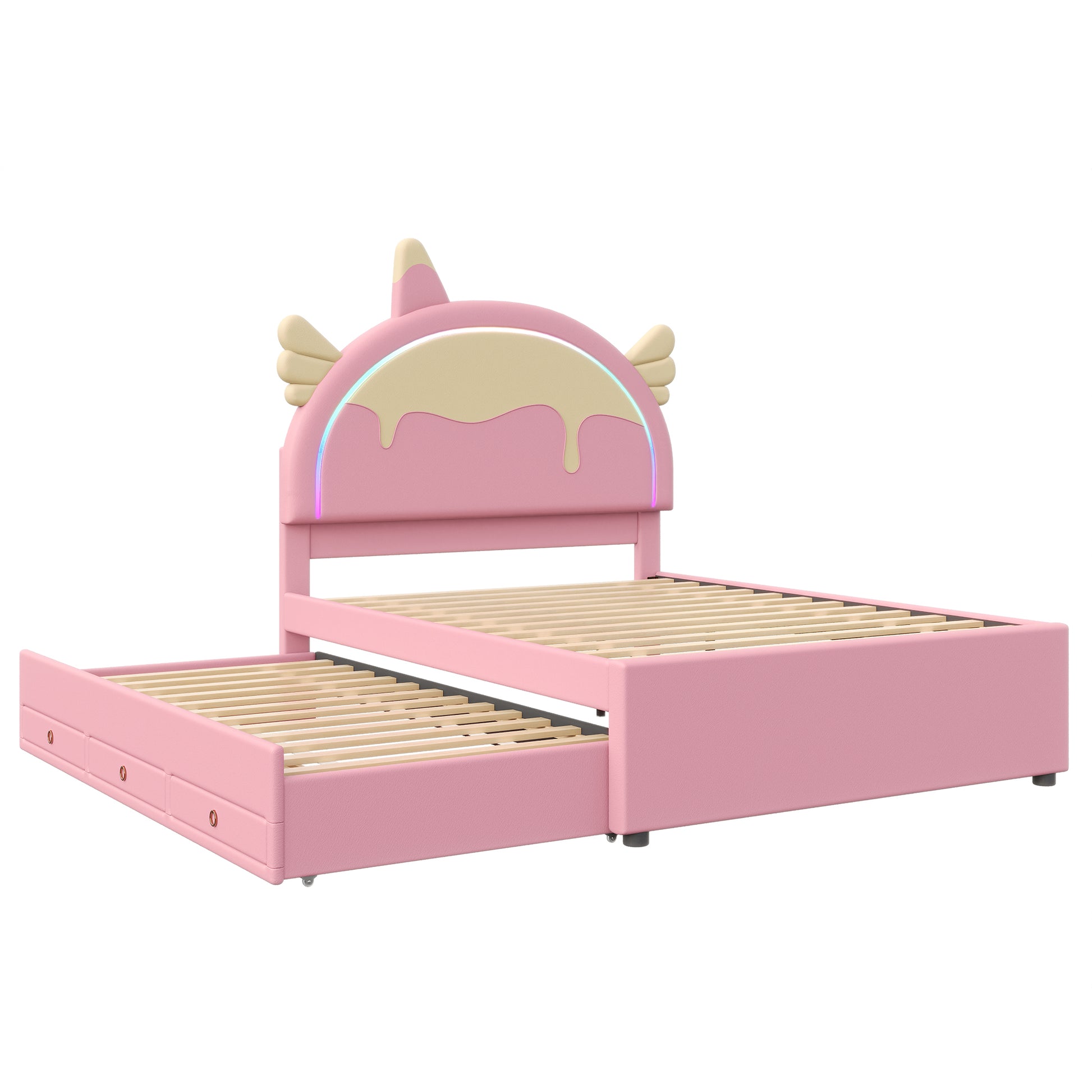 140*200cm Cartoon Kinderbett, Einhornform, ausgestattet mit ausziehbares rollbett, PU-Material, Ferngesteuerte LED-Ambientebeleuchtung, Rosa