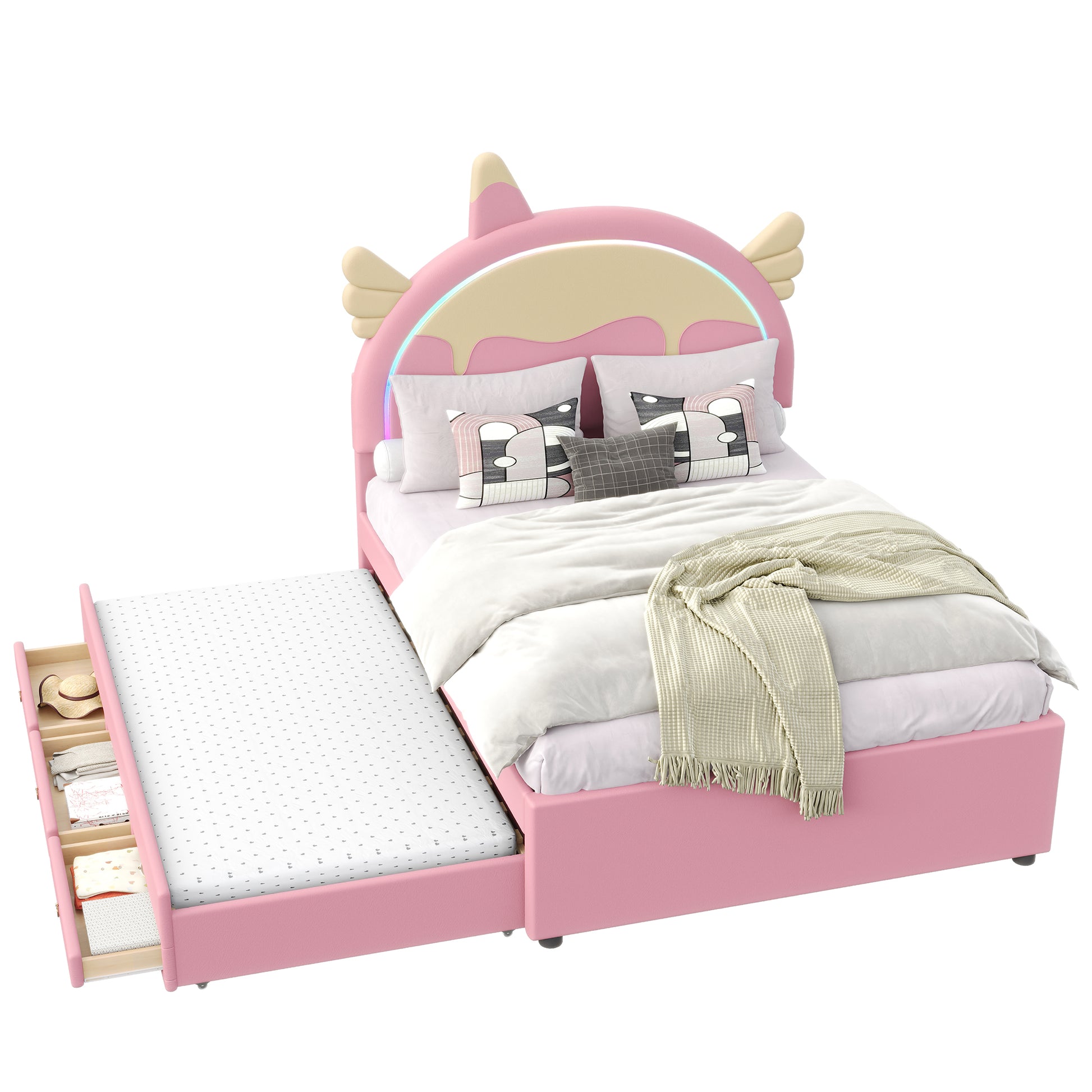 140*200cm Cartoon Kinderbett, Einhornform, ausgestattet mit ausziehbares rollbett, PU-Material, Ferngesteuerte LED-Ambientebeleuchtung, Rosa