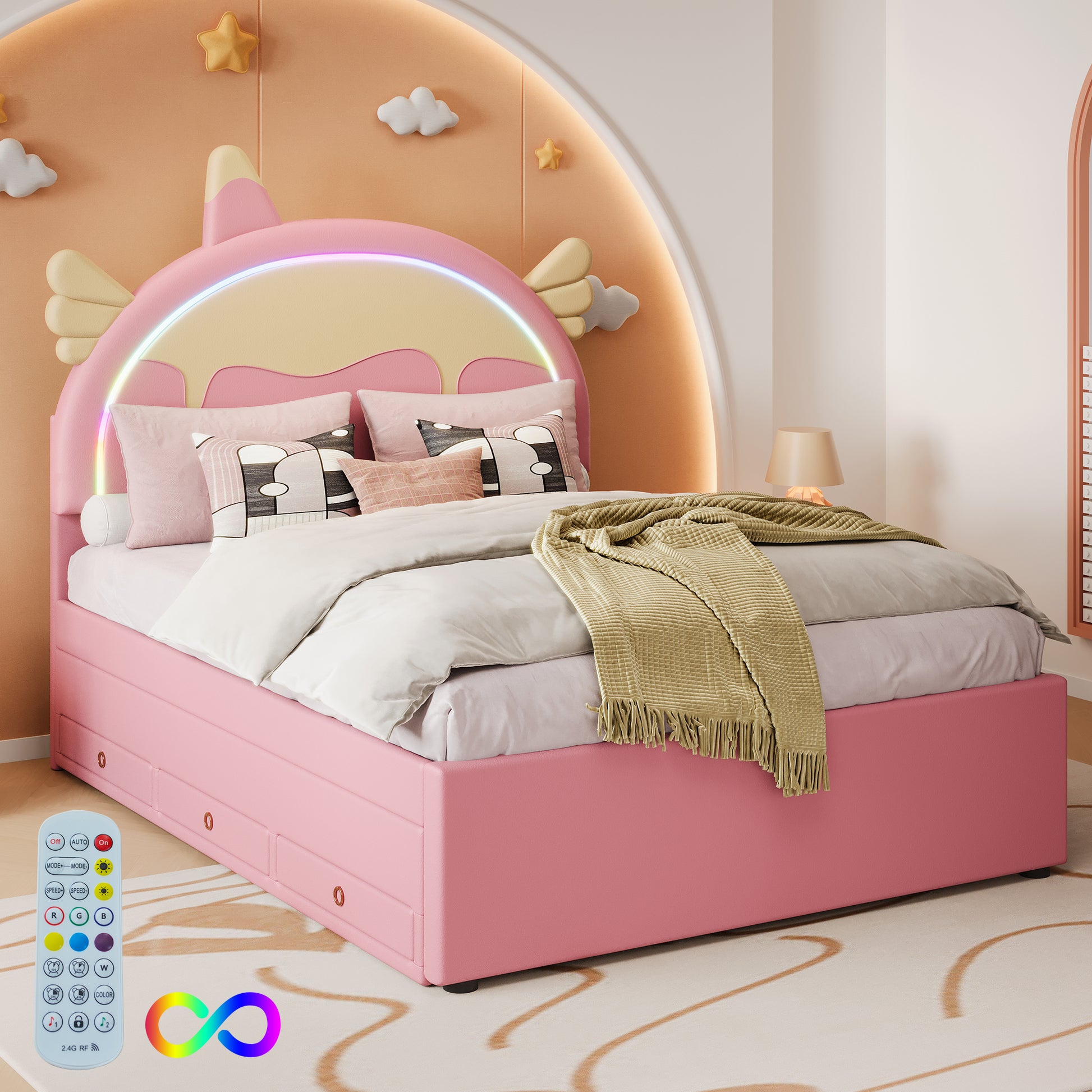 140*200cm Cartoon Kinderbett, Einhornform, ausgestattet mit ausziehbares rollbett, PU-Material, Ferngesteuerte LED-Ambientebeleuchtung, Rosa