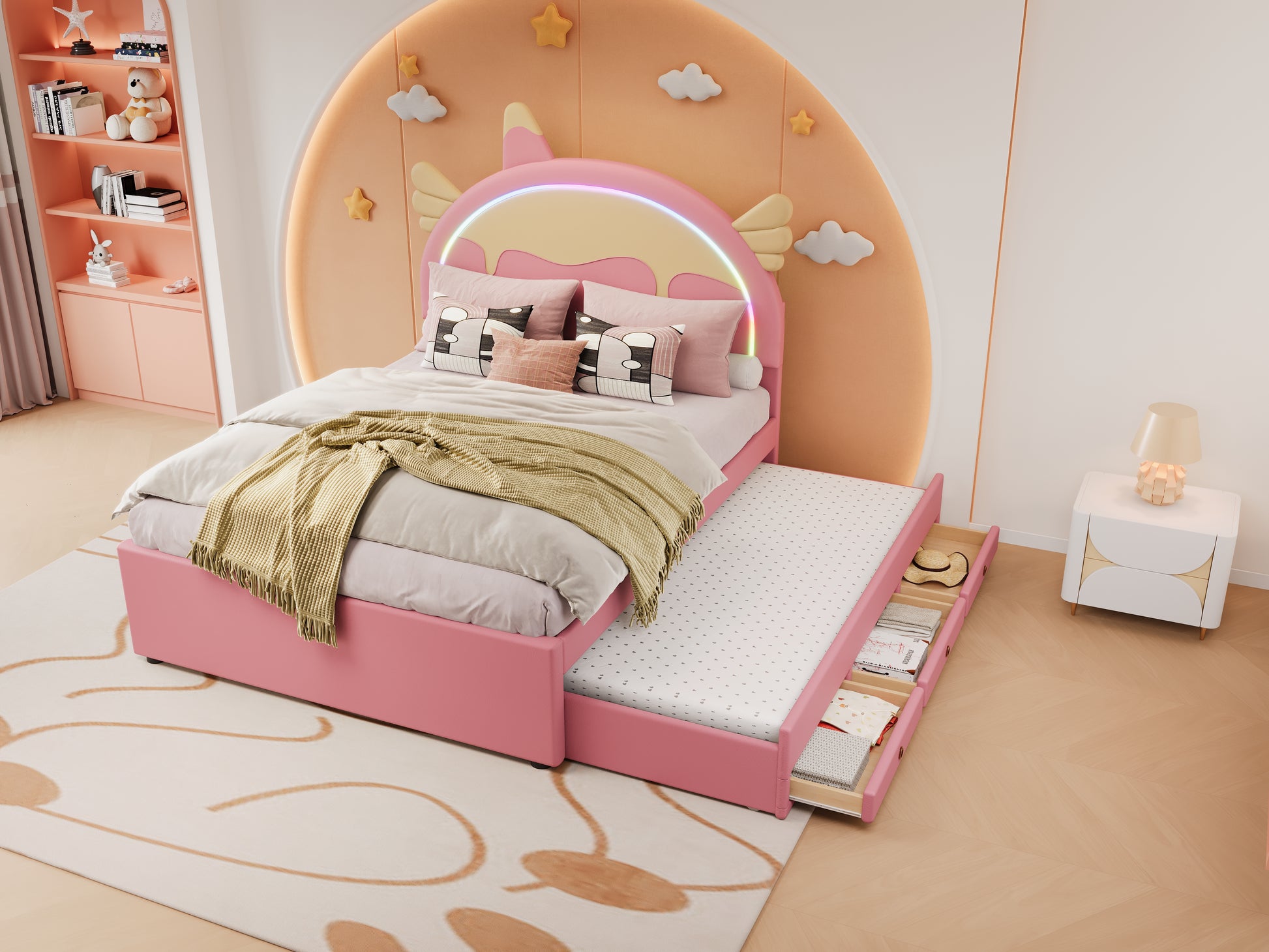 140*200cm Cartoon Kinderbett, Einhornform, ausgestattet mit ausziehbares rollbett, PU-Material, Ferngesteuerte LED-Ambientebeleuchtung, Rosa