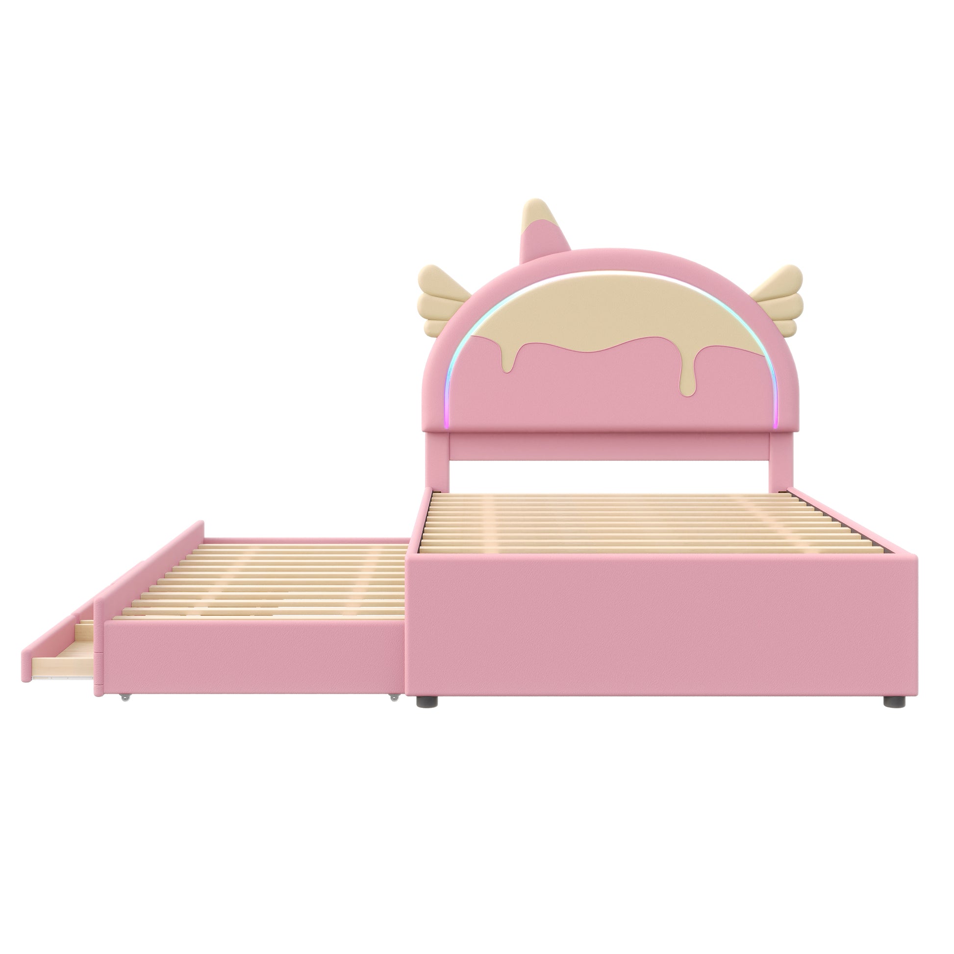 140*200cm Cartoon Kinderbett, Einhornform, ausgestattet mit ausziehbares rollbett, PU-Material, Ferngesteuerte LED-Ambientebeleuchtung, Rosa