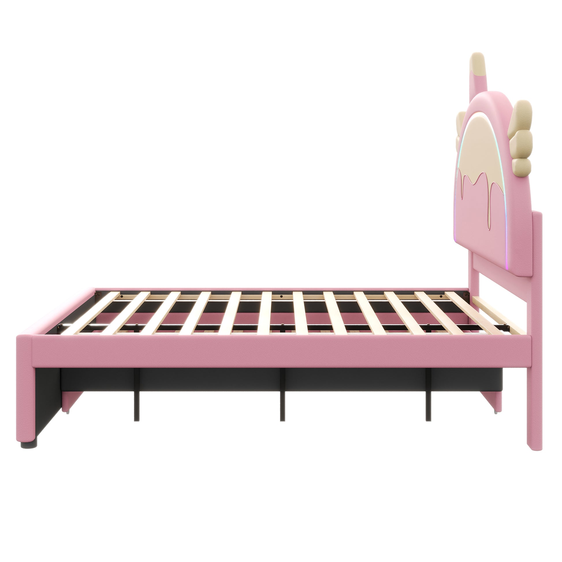 140*200cm Cartoon Kinderbett, Einhornform, ausgestattet mit ausziehbares rollbett, PU-Material, Ferngesteuerte LED-Ambientebeleuchtung, Rosa