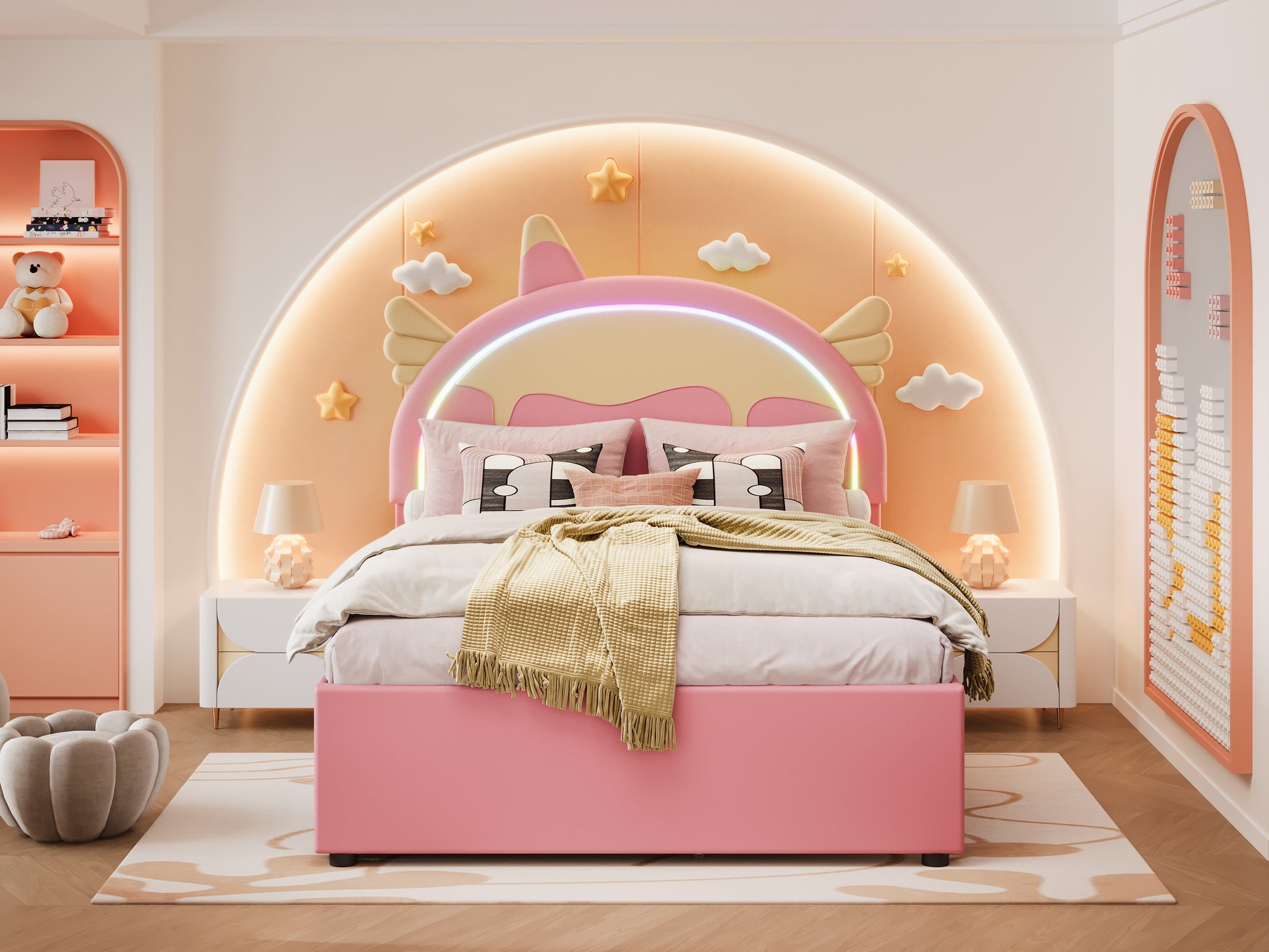 140*200cm Cartoon Kinderbett, Einhornform, ausgestattet mit ausziehbares rollbett, PU-Material, Ferngesteuerte LED-Ambientebeleuchtung, Rosa