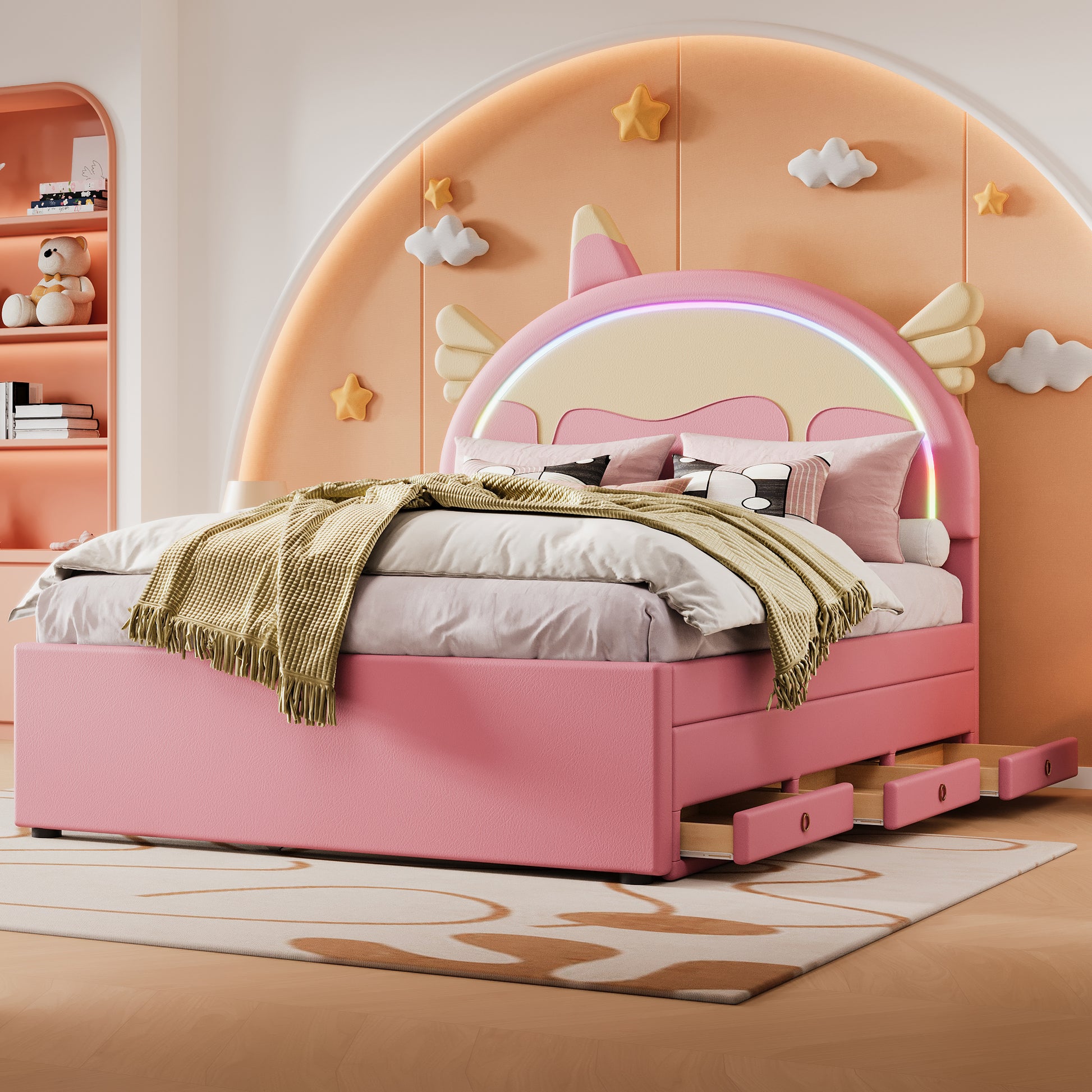 140*200cm Cartoon Kinderbett, Einhornform, ausgestattet mit ausziehbares rollbett, PU-Material, Ferngesteuerte LED-Ambientebeleuchtung, Rosa