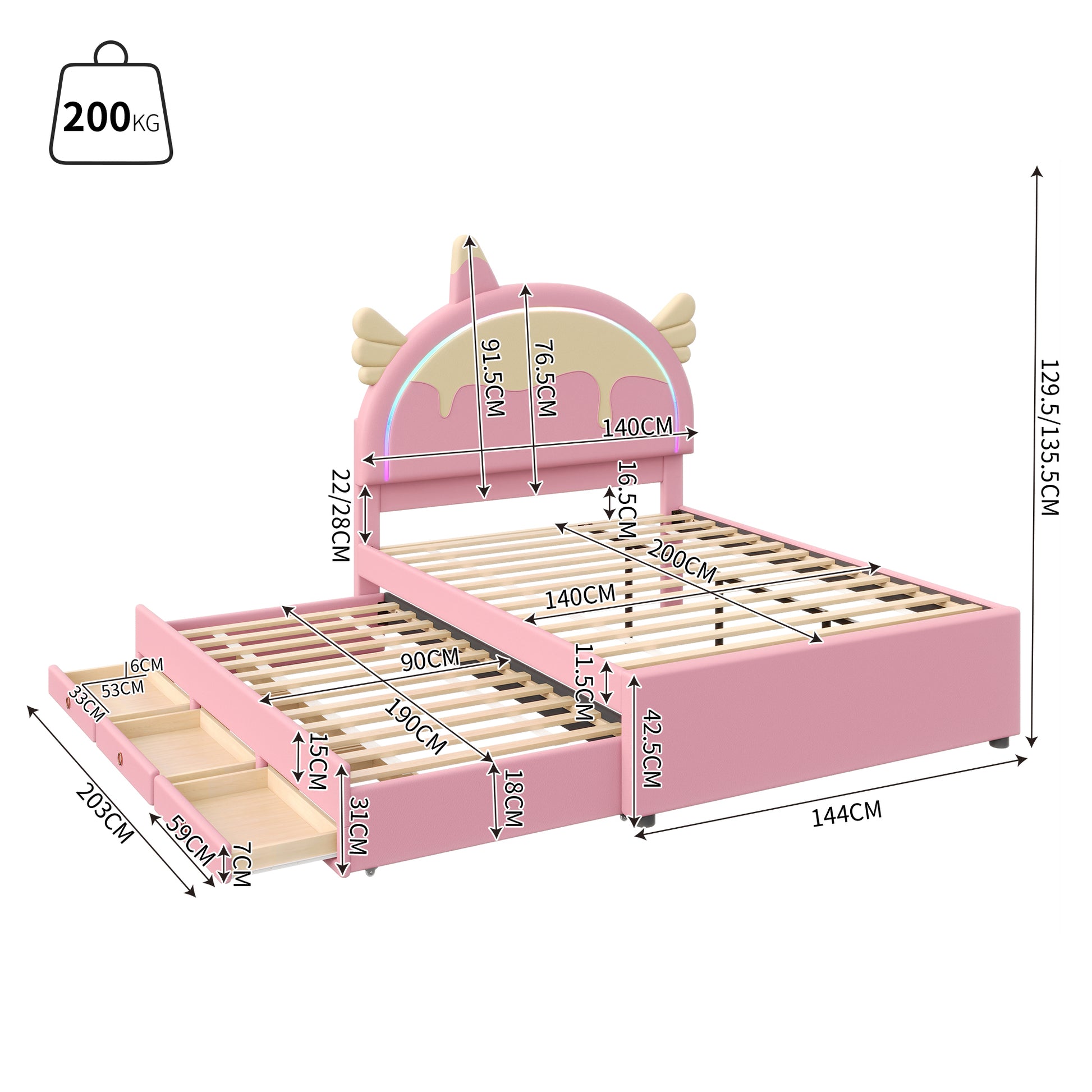 140*200cm Cartoon Kinderbett, Einhornform, ausgestattet mit ausziehbares rollbett, PU-Material, Ferngesteuerte LED-Ambientebeleuchtung, Rosa