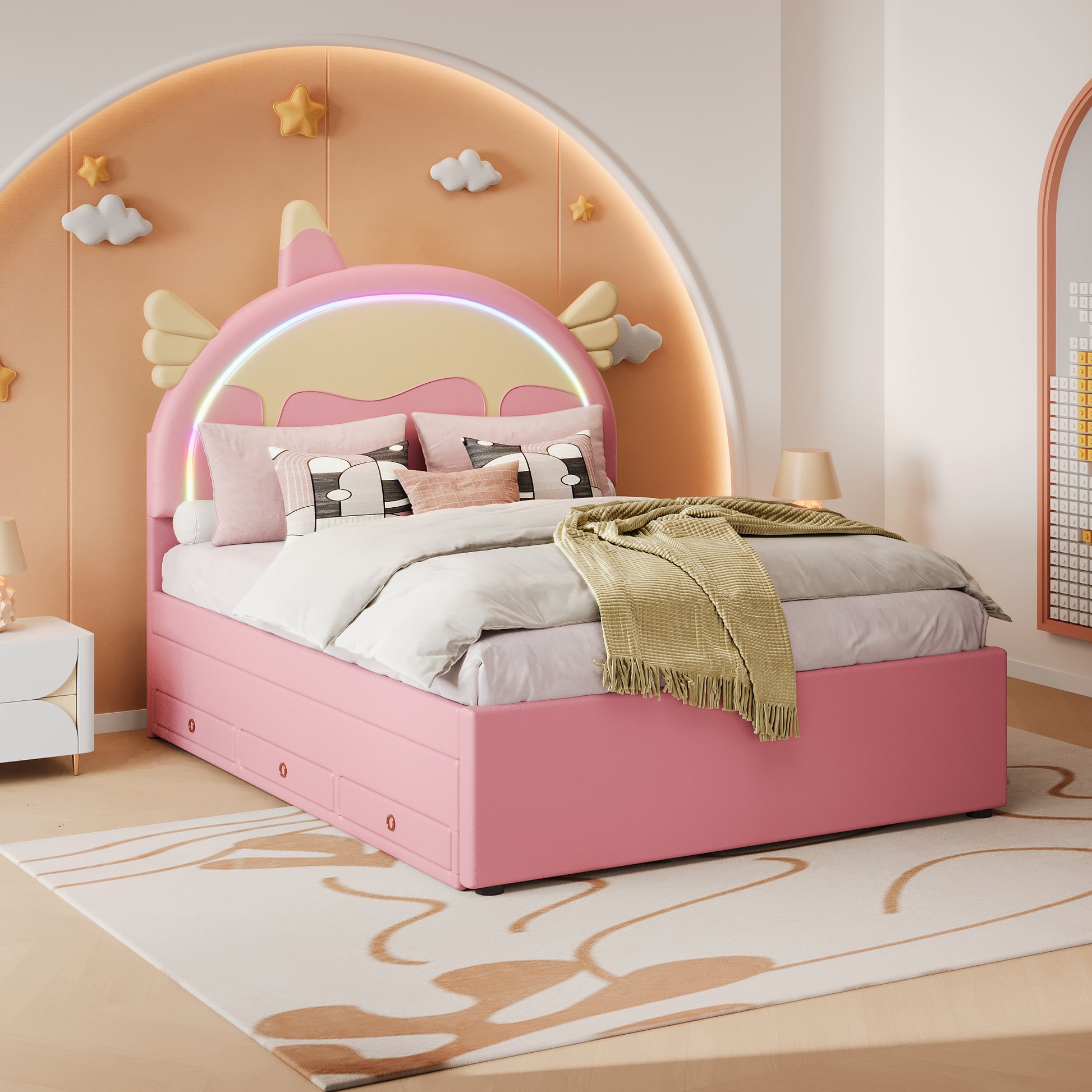 140*200cm Cartoon Kinderbett, Einhornform, ausgestattet mit ausziehbares rollbett, PU-Material, Ferngesteuerte LED-Ambientebeleuchtung, Rosa