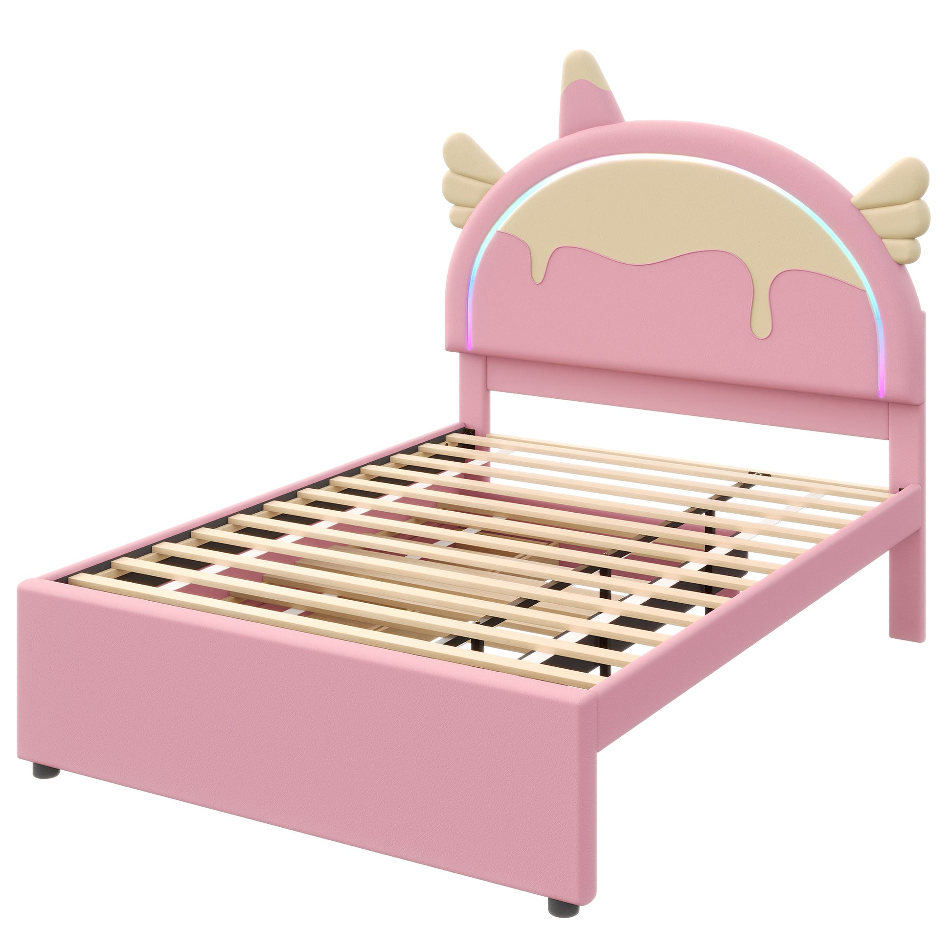 140*200cm Cartoon Kinderbett, Einhornform, ausgestattet mit ausziehbares rollbett, PU-Material, Ferngesteuerte LED-Ambientebeleuchtung, Rosa