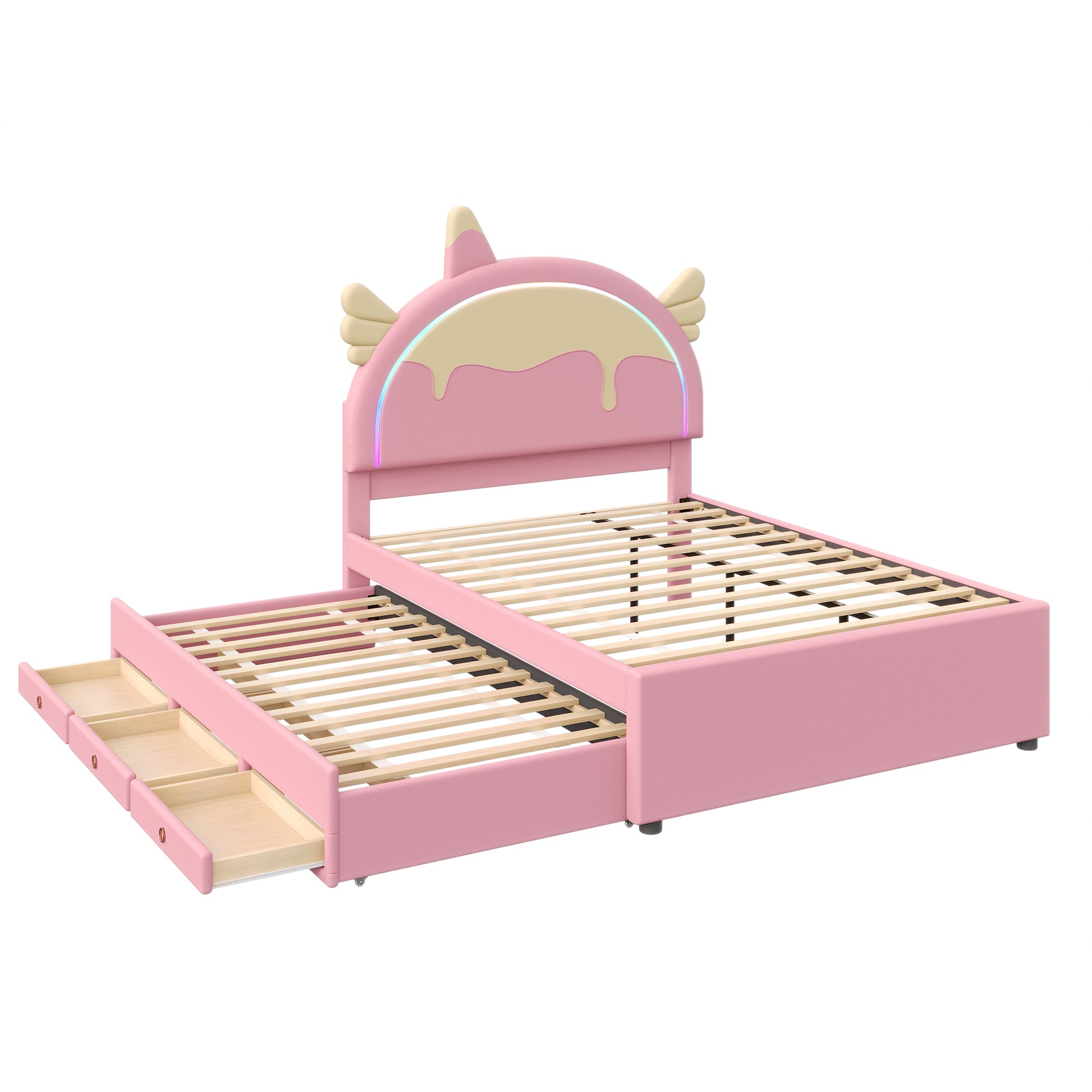 140*200cm Cartoon Kinderbett, Einhornform, ausgestattet mit ausziehbares rollbett, PU-Material, Ferngesteuerte LED-Ambientebeleuchtung, Rosa