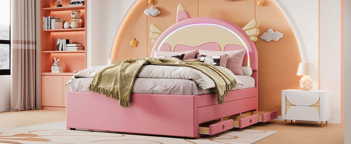 140*200cm Cartoon Kinderbett, Einhornform, ausgestattet mit ausziehbares rollbett, PU-Material, Ferngesteuerte LED-Ambientebeleuchtung, Rosa