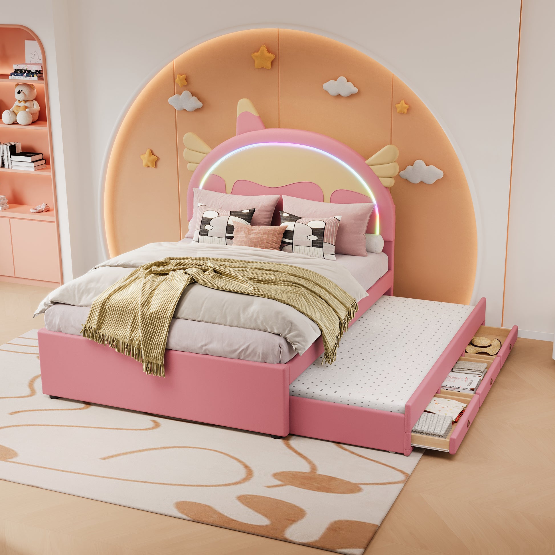 140*200cm Cartoon Kinderbett, Einhornform, ausgestattet mit ausziehbares rollbett, PU-Material, Ferngesteuerte LED-Ambientebeleuchtung, Rosa