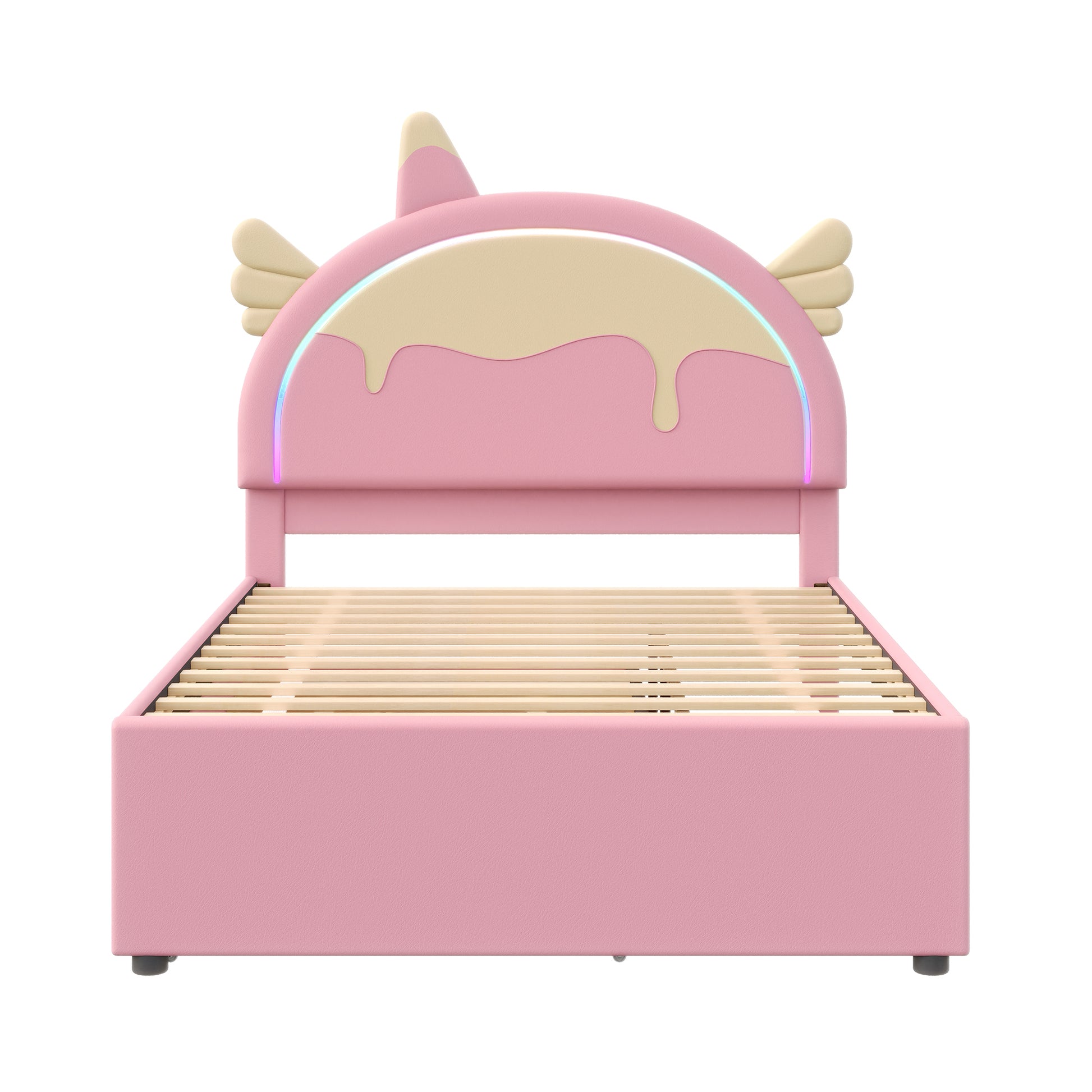 140*200cm Cartoon Kinderbett, Einhornform, ausgestattet mit ausziehbares rollbett, PU-Material, Ferngesteuerte LED-Ambientebeleuchtung, Rosa