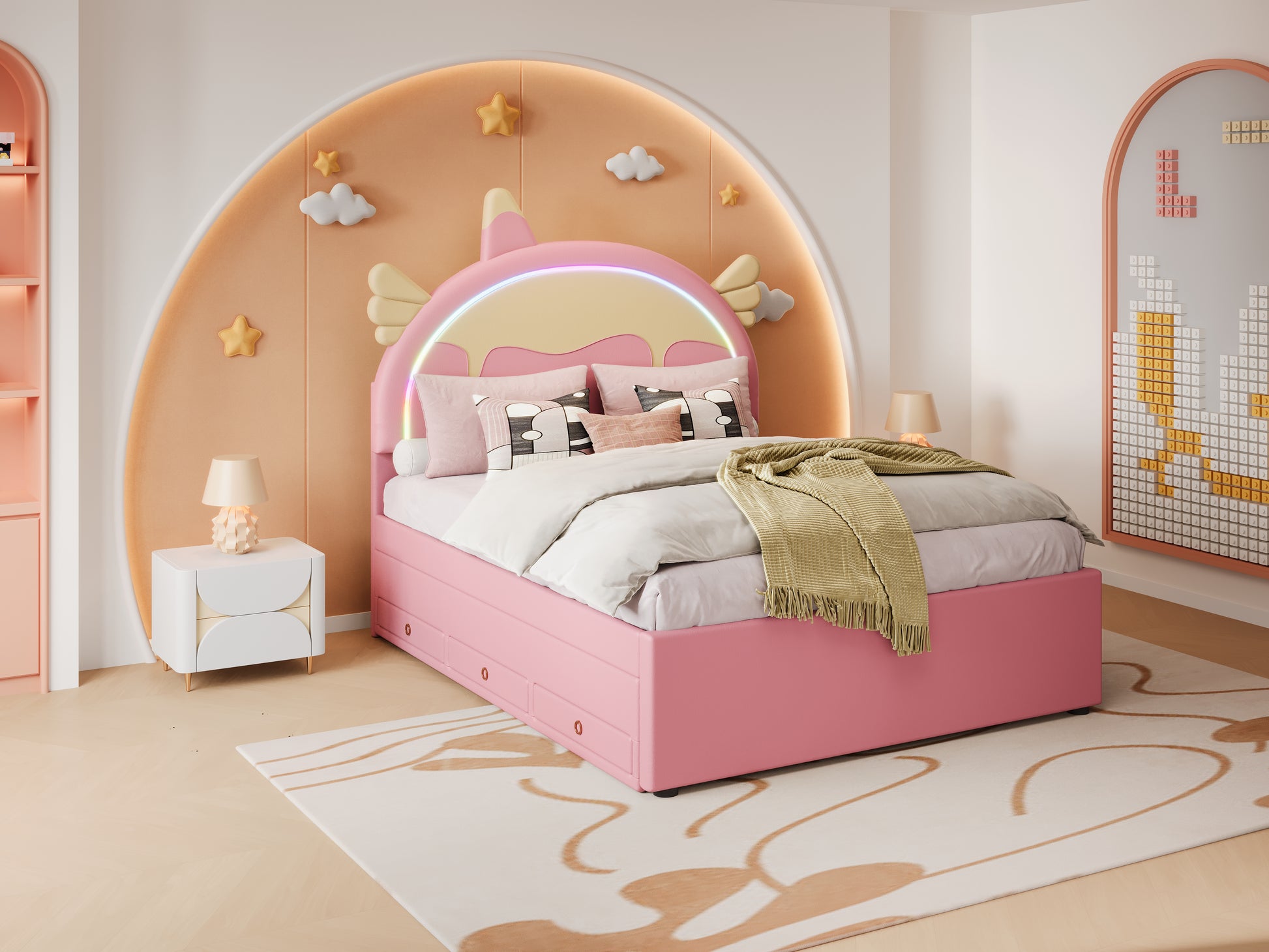 140*200cm Cartoon Kinderbett, Einhornform, ausgestattet mit ausziehbares rollbett, PU-Material, Ferngesteuerte LED-Ambientebeleuchtung, Rosa