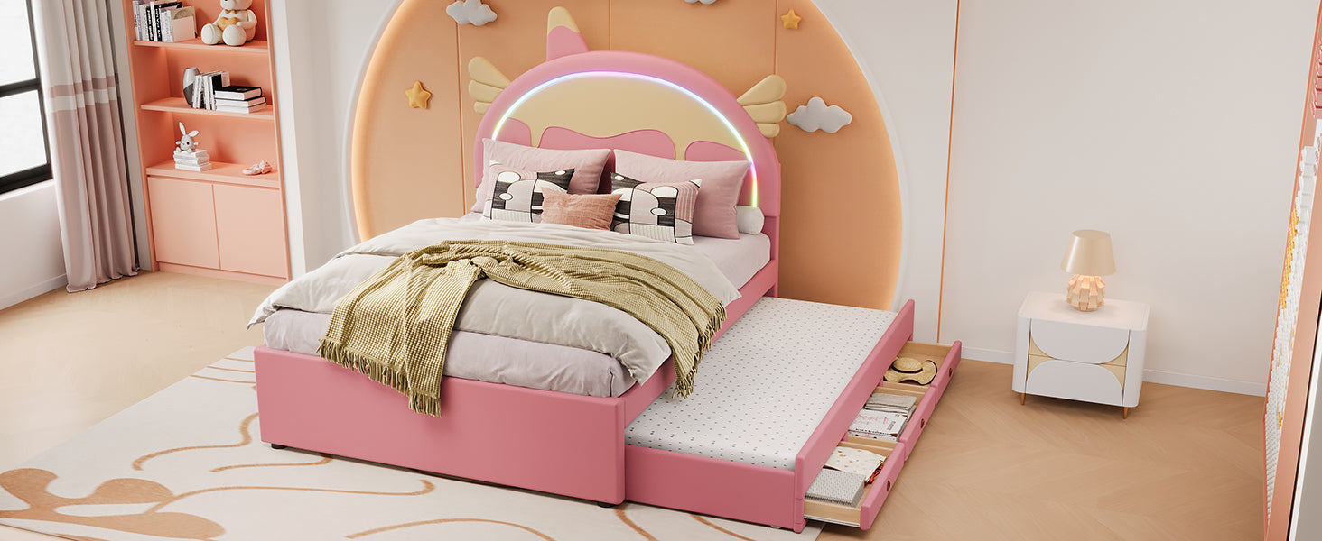 140*200cm Cartoon Kinderbett, Einhornform, ausgestattet mit ausziehbares rollbett, PU-Material, Ferngesteuerte LED-Ambientebeleuchtung, Rosa