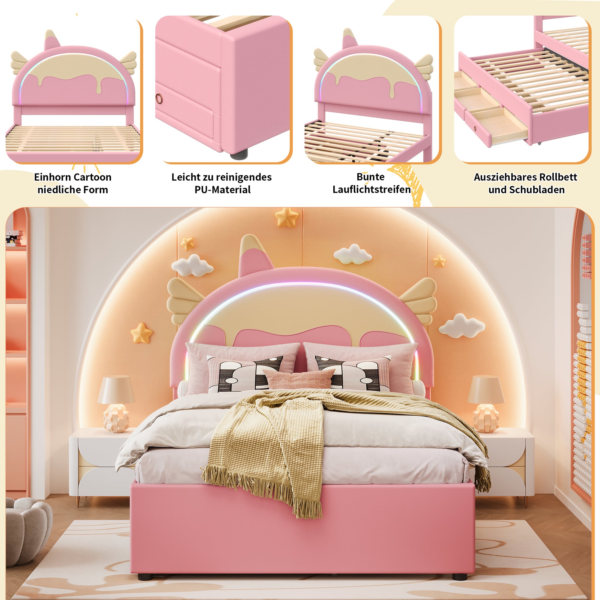 140*200cm Cartoon Kinderbett, Einhornform, ausgestattet mit ausziehbares rollbett, PU-Material, Ferngesteuerte LED-Ambientebeleuchtung, Rosa